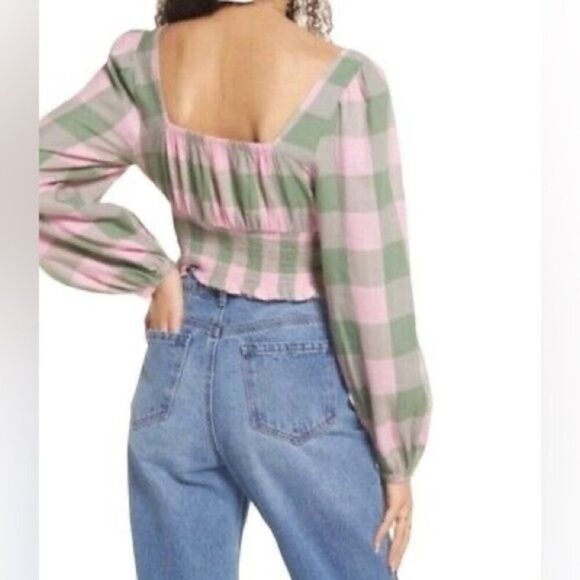BP Dreamy Buffalo Check Smocked Crop Top M | Cottagecore, Festival - Picture 3 of 5